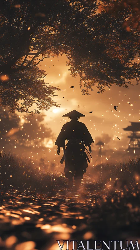 Lone samurai walks under burning dusk leaves on forest path