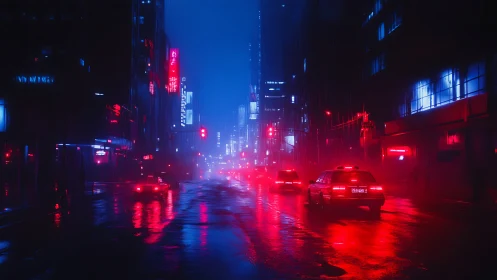 Neon red taxis crossing rain-soaked cyberpunk city boulevard.