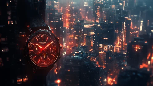 Chronograph wristwatch against illuminated rainy cityscape.