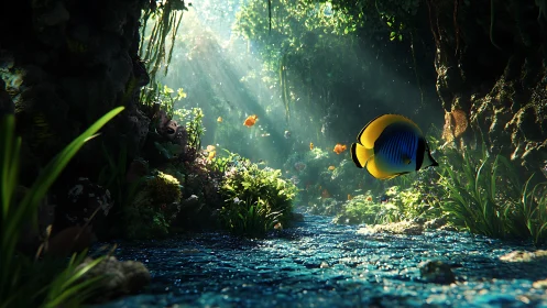 Sunlit coral canyon where a regal reef wanderer glides.