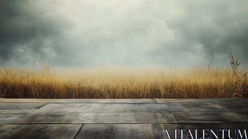 Photorealistic wooden deck before misty golden field horizon.