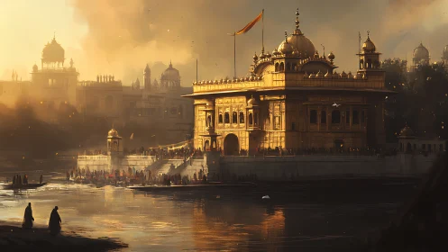 Golden riverside temple glowing in soft evening light.