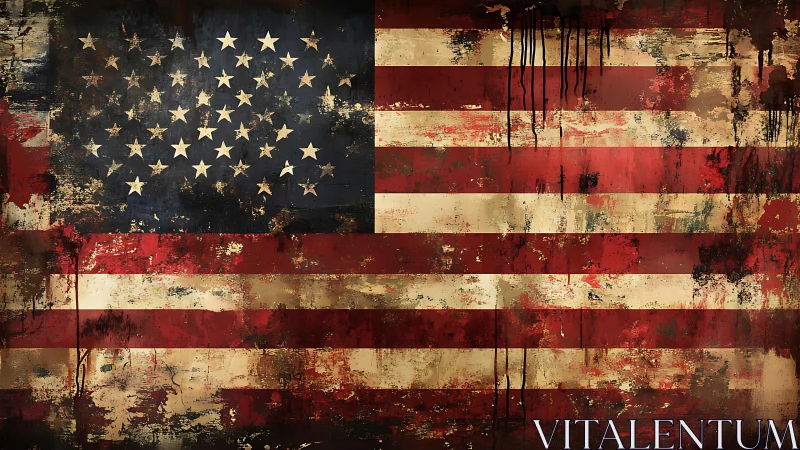 Weathered American flag drips with distressed abstract texture.