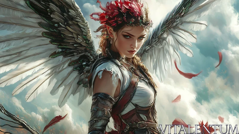 Fierce winged guardian poised in clouds with scarlet petals.