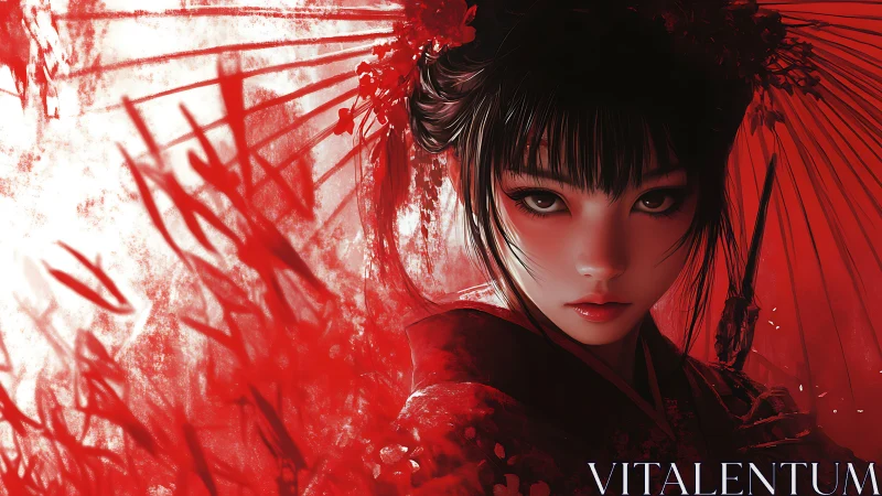 Red kimono warrior portrait with parasol and dynamic splatter