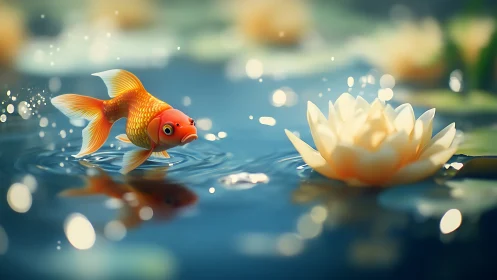 Pouting goldfish patrols dreamy lily pond of soft light.