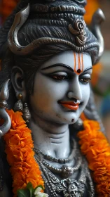 Shiva statue adorned with vivid marigold flower garlands.