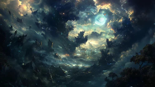 Celestial storm opens a luminous portal above alien cliffs.