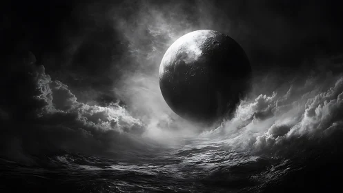 Lunar sphere rises over storm ocean in monochrome void.