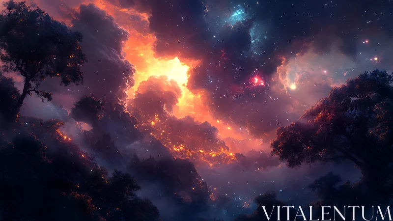 Forest landscape under luminous nebula-like night sky.