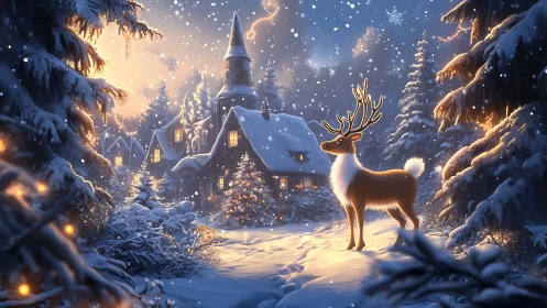 Gentle reindeer glows in a snowy, lantern-lit winter village.