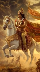 Armored cavalry prince in dynamic battlefield charge tableau.