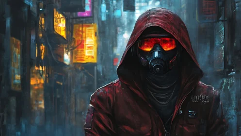 Hooded wanderer in neon rain, strolling a foggy night street.