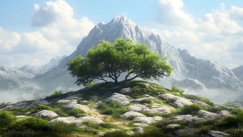 Solitary green tree on rocky alpine ridge under diffuse clouds
