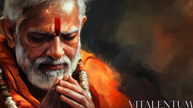 Elderly Hindu devotee in deep prayer with warm chiaroscuro.