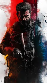 Tactical soldier portrait in split warm and cool palette.