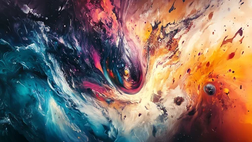 Abstract cosmic vortex with swirling contrasting colors.