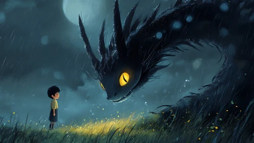 Nocturnal child and bioluminescent dragon in stormlit meadow