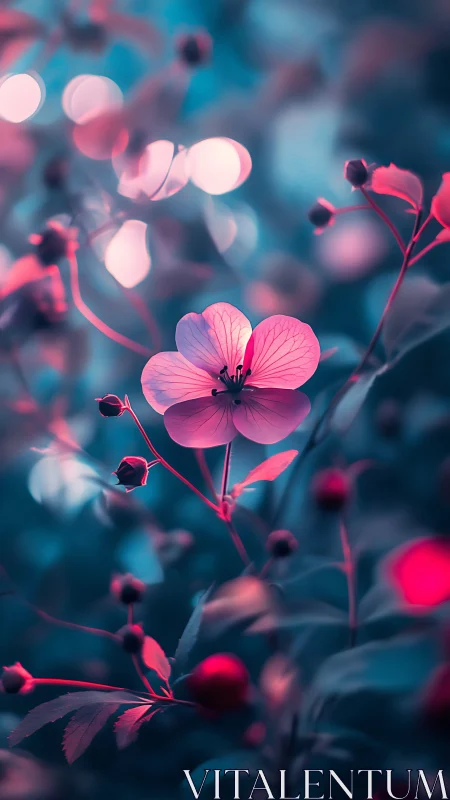 Pink Flowers Bloom in Neon Glow Against Blue Bokeh.
