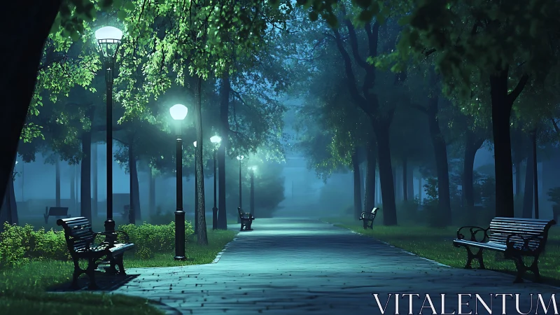 Foggy park path glows under soft lamplight at dawn
