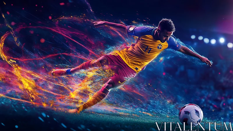 Dynamic soccer striker in neon motion-trail digital rendering