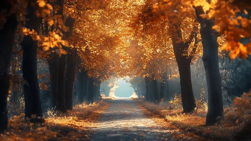 Sunlit autumn lane inviting you into a golden forest day.