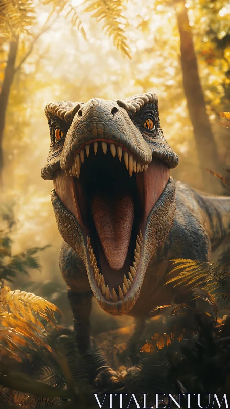 Roaring theropod dinosaur close-up in misty golden forest