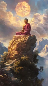 Seated monk on isolated rock summit beneath radiant orb.