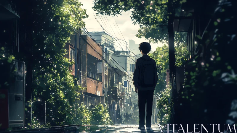 Solitary student in quiet sunlit alley after rainfall.