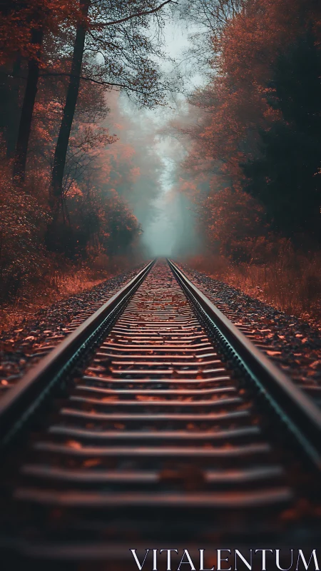 Symmetrical railway lines vanish into fog through red forest corridor