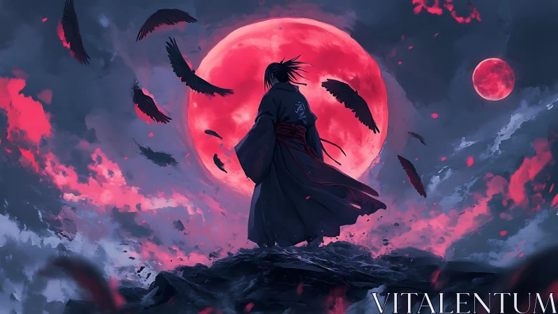 Anime moonlit warrior under crimson eclipse sky composition.
