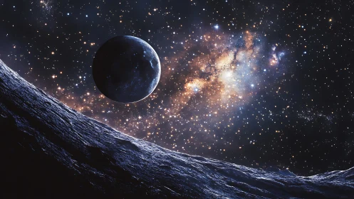 Distant planet above icy moon with dense star field