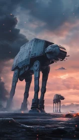 Colossal walkers stride through a stormy, ember lit dusk.