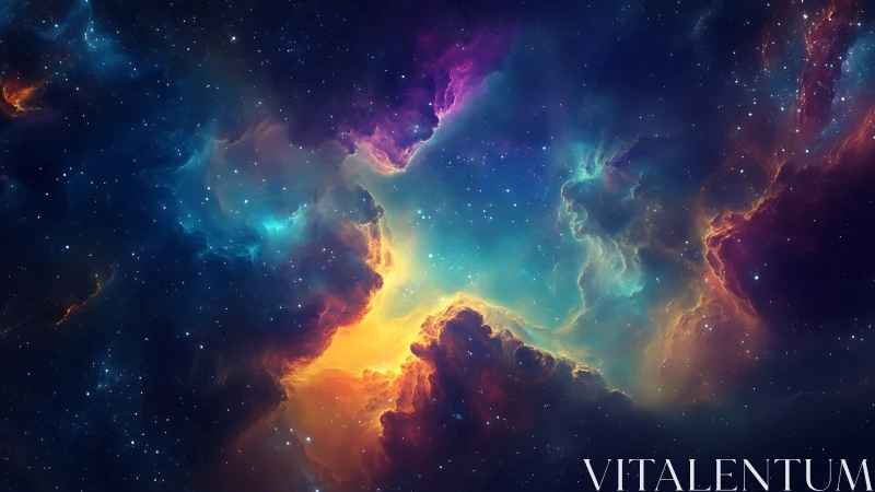 Colorful cosmic nebula cloud glowing in deep outer space.