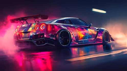Rendered sports car moves through neon-lit wet roadway