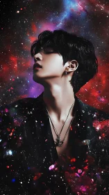 Stargazing portrait merges ethereal cosmos with modern youth.