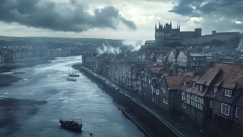 Medieval riverside town under overcast skies at dusk.