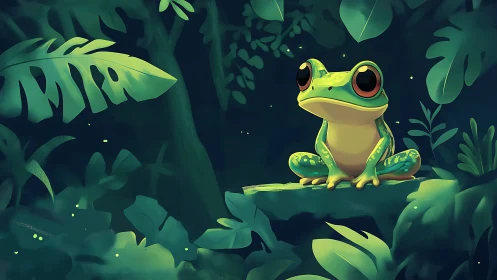 Wide-eyed frog rests on glowing jungle branch at night.