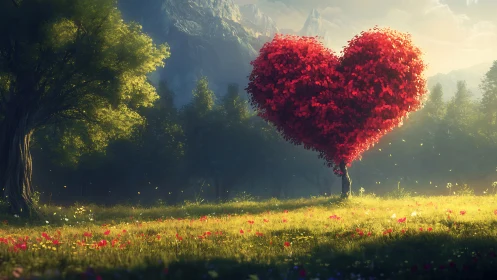 Heart-Shaped Red Tree in Mountain Valley.