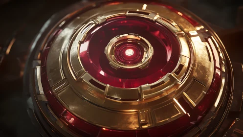 Concentric metallic disc structure encases illuminated red core