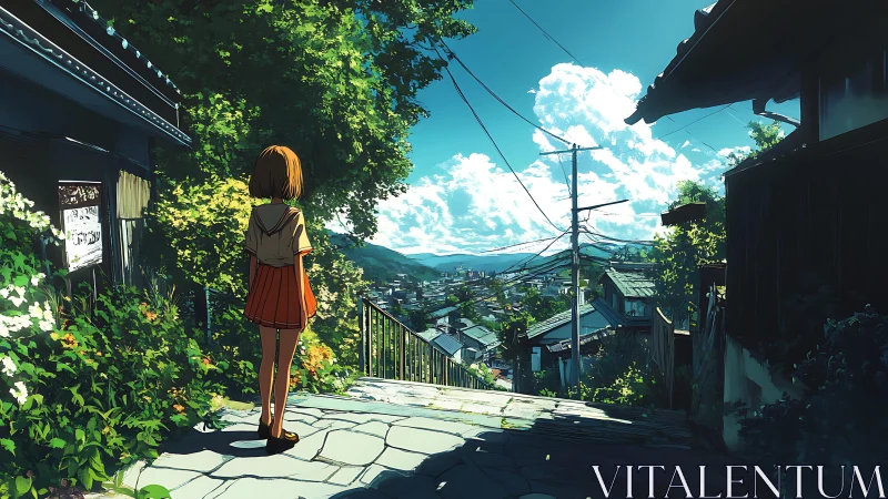 Sunlit hillside alley and daydreaming girl above townscape.