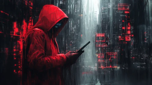 Neon ghost in a red hood decoding the rain-slick city grid.