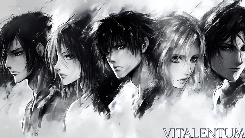 Storm-lit anime ensemble in monochrome drifting through mist.
