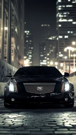 Nocturnal urban frontal view of black Cadillac performance sedan.