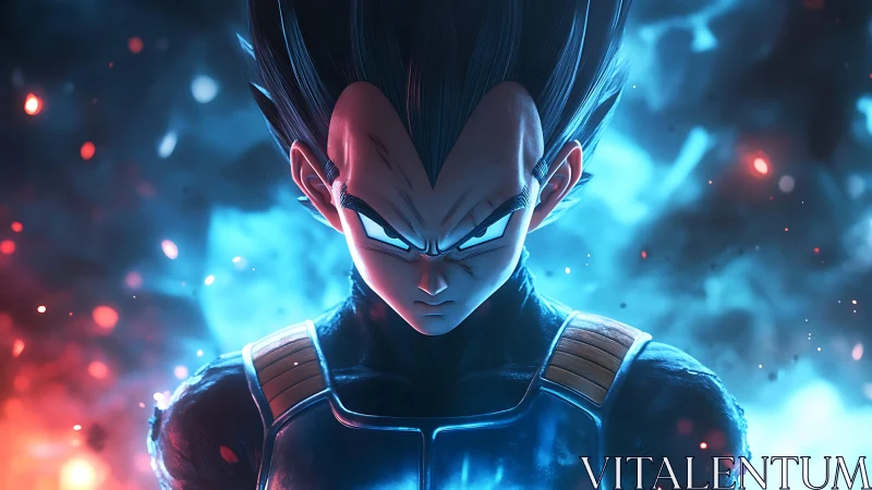 Intense anime warrior surrounded by glowing blue energy.