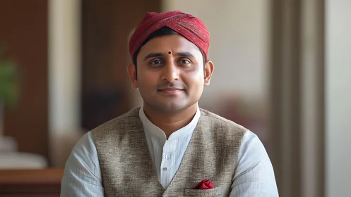 Smiling Indian man in kurta and red turban, soft daylight.