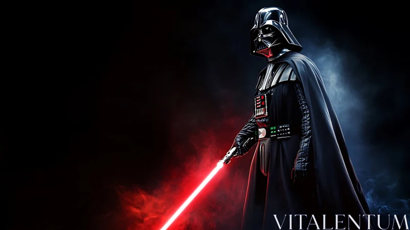 Cinematic dark armored figure with illuminated red energy blade