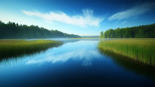 Lake sky trades secrets with grass and morning silence