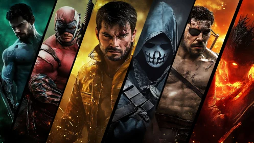 Bold heroes and dark villains sharing one fiery battle line.