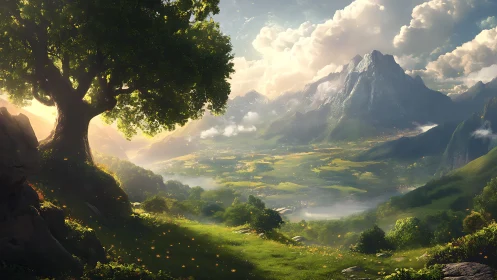 Tree-lined hillside overlooking expansive mountain valley.